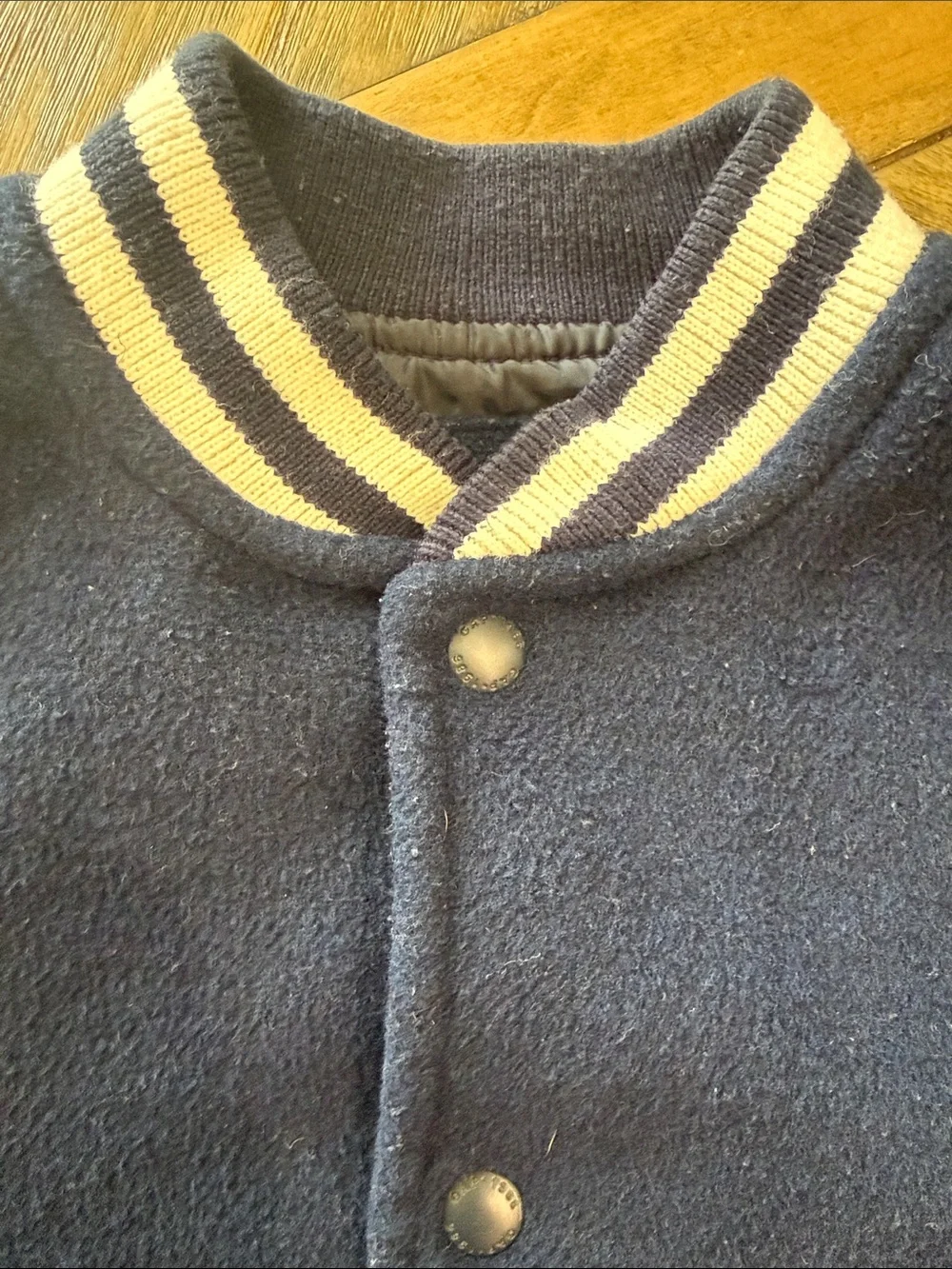 GAP Kids Boys Navy Varsity Jacket Size Medium Wool Blend Leather Trim Pockets